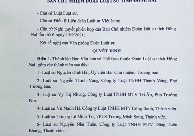 QUYẾT ĐỊNH THÀNH LẬP BAN VĂN HÓA - THỂ THAO ĐOÀN LUẬT SƯ TỈNH ĐỒNG NAI