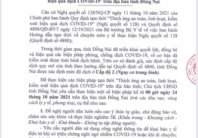 UBND TỈNH ĐỒNG NAI BAN HÀNH CHỈ THỊ 20 VỀ THÍCH ỨNG AN TOÀN VỚI COVID-19