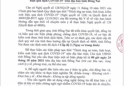 UBND TỈNH ĐỒNG NAI BAN HÀNH CHỈ THỊ 20 VỀ THÍCH ỨNG AN TOÀN VỚI COVID-19