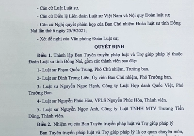 QUYẾT ĐỊNH THÀNH LẬP BAN TUYÊN TRUYỀN PHÁP LUẬT VÀ TRỢ GIÚP PHÁP LÝ