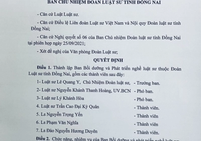 QUYẾT ĐỊNH THÀNH LẬP BAN BỒI DƯỠNG VÀ PHÁT TRIỂN NGHỀ LUẬT SƯ