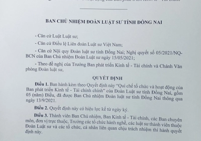 QUY CHẾ TỔ CHỨC VÀ HOẠT ĐỘNG CỦA BAN PHÁT TRIỂN KINH TẾ - TÀI CHÍNH ĐOÀN LUẬT SƯ TỈNH ĐỒNG NAI