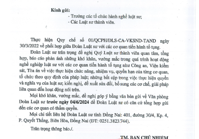 Thông báo V/v kiến nghị, phản ánh những khó khăn, vướng mặc trong hoạt động nghề nghiệp luật sư với các cơ quan tiến hành tố tụng