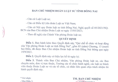 QUY CHẾ TỔ CHỨC VÀ HOẠT ĐỘNG CỦA VĂN PHÒNG ĐOÀN LUẬT SƯ
