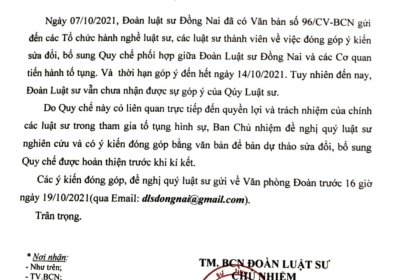 Thông Báo Đóng Góp Ý Kiến Quy Chế Phối Hợp Giữa Đoàn Luật Sư và Cơ Quan Tiến Hành Tố Tụng