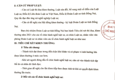 TIÊU CHÍ XÉT THI ĐUA KHEN THƯỞNG CỦA ĐOÀN LUẬT SƯ TỈNH ĐỒNG NAI