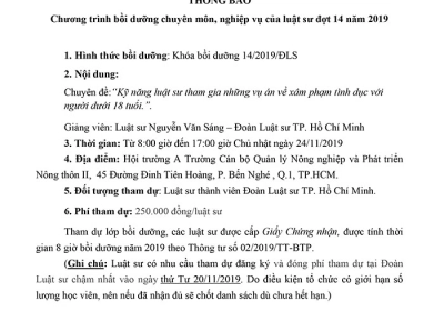 THÔNG BÁO: CHƯƠNG TRÌNH BỒI DƯỠNG CHUYÊN MÔN, NGHIỆP VỤ CỦA LUẬT SƯ ĐỢT 14 NĂM 2019