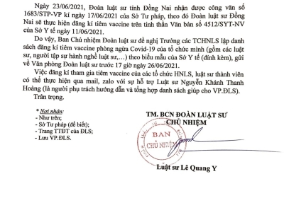Thông Báo Về Việc Đăng Ký Tiêm Vacine Covid-19 của Đoàn Luật Sư tỉnh Đồng Nai