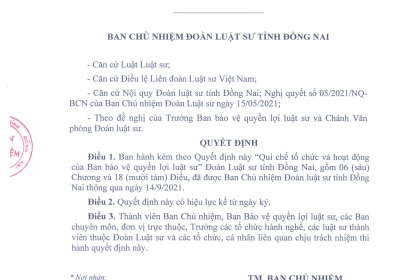 QUY CHẾ TỔ CHỨC VÀ HOẠT ĐỘNG CỦA BAN BẢO VỆ QUYỀN LỢI LUẬT SƯ ĐOÀN LUẬT SƯ TỈNH ĐỒNG NAI