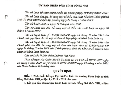 QĐ Về Việc Phê Chuẩn Kết Quả Đại Hội Đại Biểu Bất Thường Đoàn Luật Sư Tỉnh Đồng Nai Khóa VIII, Nhiệm Kỳ 2019-2024