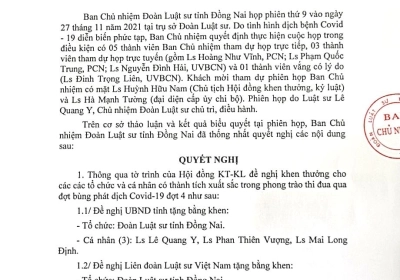 BAN CHỦ NHIỆM ĐOÀN LUẬT SƯ ĐỒNG NAI BAN HÀNH NGHỊ QUYẾT 09 NĂM 2021