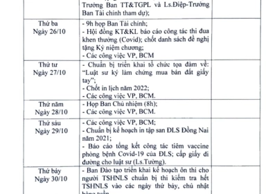 Lịch công tác văn phòng Đoàn luật sư từ 25 đến 30 tháng 10 năm 2021