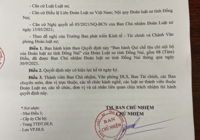 BAN HÀNH QUY CHẾ THU CHI NỘI BỘ ĐOÀN LUẬT SƯ ĐỒNG NAI