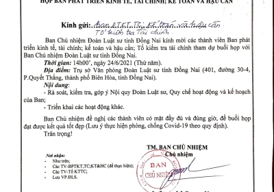 Thư mời họp 4 Ban thuộc Đoàn Luật sư Đồng Nai: Ban tài chính, Ban đào tạo, Ban giám sát và Ban quản trị trang thông tin điện tử