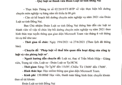 THÔNG BÁO VỀ VIỆC THAM DỰ LỚP BỖI DƯỠNG CHUYÊN MÔN NGHIỆP VỤ LUẬT SƯ 6-2021