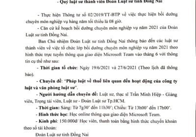 THÔNG BÁO VỀ VIỆC THAM DỰ LỚP BỖI DƯỠNG CHUYÊN MÔN NGHIỆP VỤ LUẬT SƯ 6-2021