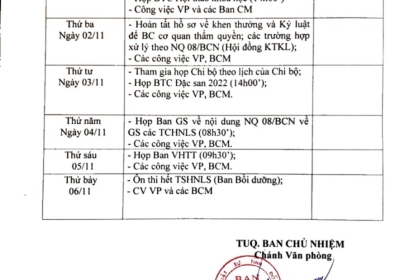 Lịch công tác tại Đoàn từ ngày mùng 1 tháng 11 đến ngày mùng 6 tháng 11 năm 2021