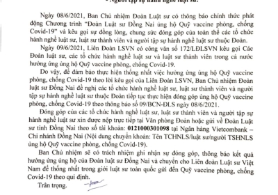 Đoàn Luật sư tỉnh Đồng Nai trao tiền ủng hộ phòng, chống dịch Covid-19 ở tỉnh Bắc Giang, Bắc Ninh và Vĩnh Phúc