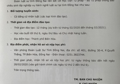 THÔNG BÁO CHIÊU SINH LỚP HÀNH NGHỀ LUẬT SƯ 2020 TẠI BIÊN HÒA - ĐỒNG NAI