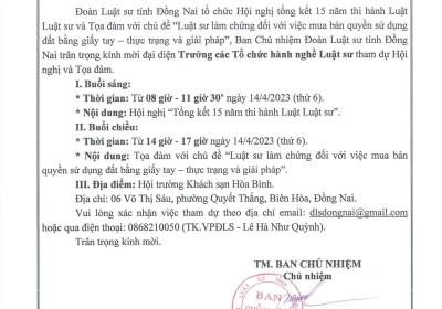 THƯ MỜI TOẠ ĐÀM VÀ KẾ HOẠCH 66 VÀ 67 NGÀY 14/4/2023 CỦA ĐOÀN LUẬT SƯ TỈNH ĐỒNG NAI