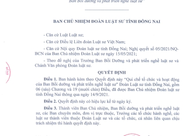 QUY CHẾ TỔ CHỨC VÀ HOẠT ĐỘNG CỦA BAN BỒI DƯỠNG, PHÁT TRIỂN NGHỀ LUẬT SƯ ĐOÀN LUẬT SƯ TỈNH ĐỒNG NAI