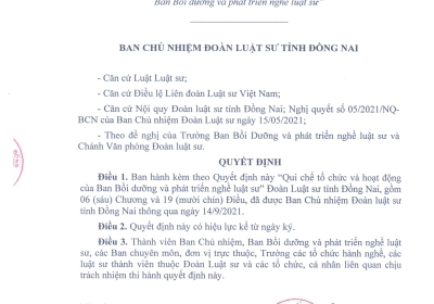 QUY CHẾ TỔ CHỨC VÀ HOẠT ĐỘNG CỦA BAN BỒI DƯỠNG, PHÁT TRIỂN NGHỀ LUẬT SƯ ĐOÀN LUẬT SƯ TỈNH ĐỒNG NAI