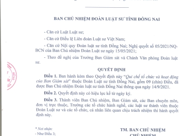 QUY CHẾ TỔ CHỨC VÀ HOẠT ĐỘNG CỦA BAN GIÁM SÁT ĐOÀN LUẬT SƯ TỈNH ĐỒNG NAI