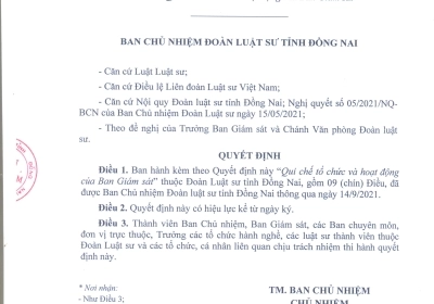 QUY CHẾ TỔ CHỨC VÀ HOẠT ĐỘNG CỦA BAN GIÁM SÁT ĐOÀN LUẬT SƯ TỈNH ĐỒNG NAI