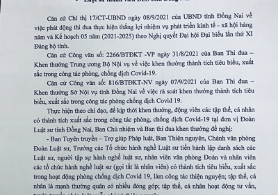 HỘI ĐỒNG KHEN THƯỞNG - KỶ LUẬT ĐOÀN LUẬT SƯ ĐỒNG NAI KÊU GỌI LẬP DANH SÁCH CÁC CÁ NHẬN CÓ THÀNH TÍCH XUẤT SẮC TRONG PHONG CHÀO CHỐNG DỊCH COVID-19