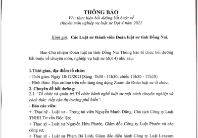 THÔNG BÁO TỔ CHỨC BỒI DƯỠNG BẮT BUỘC VỀ CHUYÊN MÔN, NGHIỆP VỤ LUẬT SƯ ĐỢT 4