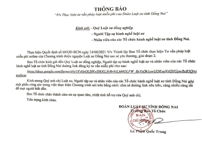 THÔNG BÁO “Về việc Thực hiện tư vấn pháp luật miễn phí của Đoàn Luật Sư tỉnh Đồng Nai”