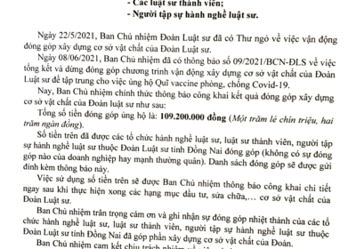Thông Báo Công Khai Kết Quả Ủng Hộ Cơ Sơ Vật Chất Đoàn Luật Sư 2021