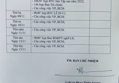 Lịch công tác Văn phòng Đoàn từ ngày mùng 8 đến ngày 13 tháng 11 năm 2021