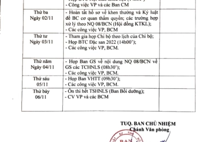 Lịch công tác tại Đoàn từ ngày mùng 1 tháng 11 đến ngày mùng 6 tháng 11 năm 2021