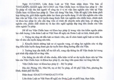 CV 700 CỦA LIÊN ĐOÀN LUẬT SƯ VIỆT NAM VỀ VIỆC THÔNG TIN VỀ NHU CẦU TUYỂN DỤNG NGHIÊN CỨU VIÊN CỦA VIỆN CHIẾN LƯỢC VÀ KHOA HỌC PHÁP LÝ - BỘ TƯ PHÁP 