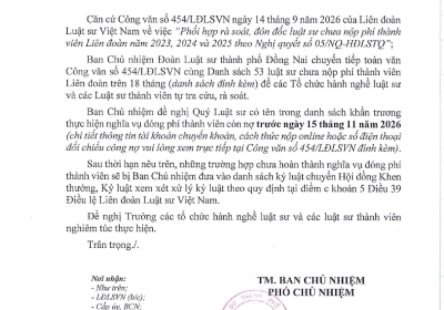 CÔNG VĂN VỀ VIỆC ĐÔN ĐỐC, HOÀN THÀNH NGHĨA VỤ ĐÓNG PHÍ THÀNH VIÊN LIÊN ĐOÀN LUẬT SƯ VIỆT NAM
