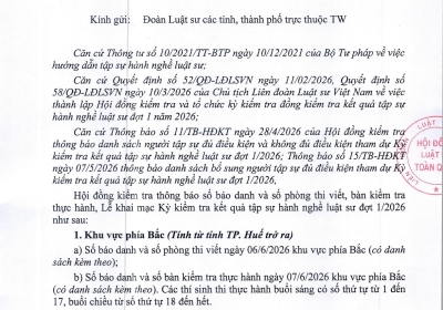 THÔNG BÁO SỐ BÁO DANH, SỐ PHÒNG THI VIẾT VÀ BÀN KIỂM TRA THỰC HÀNH KỲ KIỂM TRA KẾT QUẢ TẬP SỰ HÀNH NGHỀ LUẬT SƯ ĐỢT 1 NĂM 2026