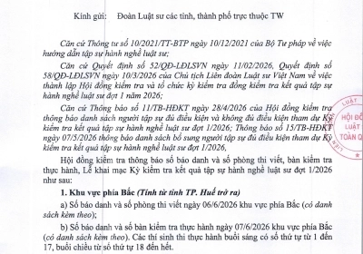 THÔNG BÁO SỐ BÁO DANH, SỐ PHÒNG THI VIẾT VÀ BÀN KIỂM TRA THỰC HÀNH KỲ KIỂM TRA KẾT QUẢ TẬP SỰ HÀNH NGHỀ LUẬT SƯ ĐỢT 1 NĂM 2026