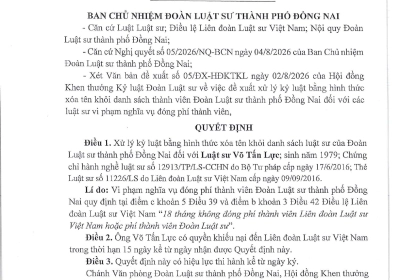 QUYẾT ĐỊNH XỬ LÝ KY LUẬT BẰNG HÌNH THỨC XÓA TÊN KHỎI DANH SÁCH LUẬT SƯ CỦA ĐOÀN LUẬT SƯ THÀNH PHỐ ĐỒNG NAI 