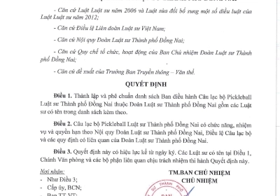 QUYẾT ĐỊNH THÀNH LẬP BAN ĐIỀU HÀNH CÂU LẠC BỘ PICKLEBALL LUẬT SƯ THÀNH PHỐ ĐỒNG NAI
