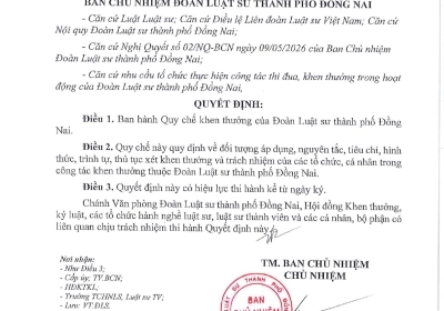 QUY CHẾ KHEN THƯỞNG CỦA ĐOÀN LUẬT SƯ THÀNH PHỐ ĐỒNG NAI