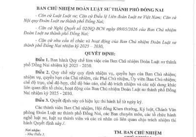 QUY CHẾ LÀM VIỆC CỦA BAN CHỦ NHIỆM ĐOÀN LUẬT SƯ TP. ĐỒNG NAI NHIỆM KỲ 2025-2030