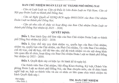 QUY CHẾ LÀM VIỆC CỦA BAN CHỦ NHIỆM ĐOÀN LUẬT SƯ TP. ĐỒNG NAI NHIỆM KỲ 2025-2030