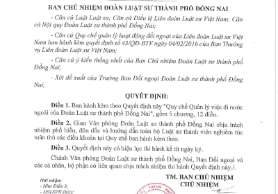 QUY CHẾ QUẢN LÝ VIỆC ĐI NƯỚC NGOÀI CỦA ĐOÀN LUẬT SƯ THÀNH PHỐ ĐỒNG NAI