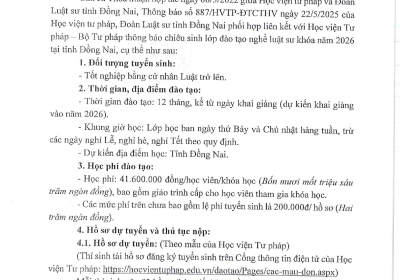 THÔNG BÁO CHIÊU SINH LỚP ĐÀO TẠO NGHỀ LUẬT SƯ NĂM 2026 TẠI TỈNH ĐỒNG NAI