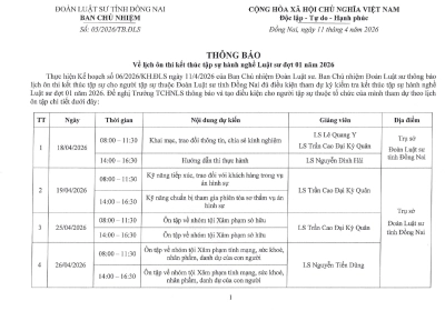 THÔNG BÁO VỀ LỊCH ÔN THI KẾT THÚC TẬP SỰ HÀNH NGHỀ LUẬT SƯ ĐỢT 01 NĂM 2026