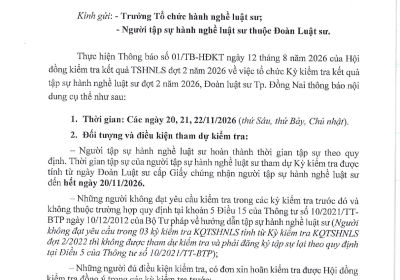 THÔNG BÁO NHẬN HỒ SƠ ĐĂNG KÝ THAM DỰ KỲ KIỂM TRA KẾT QUẢ TẬP SỰ HÀNH NGHỀ LUẬT SƯ ĐỢT 2 NĂM 2026