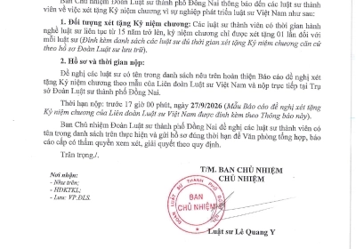 THÔNG BÁO VỀ VIỆC XÉT TẶNG KỶ NIỆM CHƯƠNG VÌ SỰ NGHIỆP PHÁT TRIỂN LUẬT SƯ VIỆT NAM 