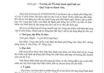 THÔNG BÁO VỀ VIỆC TỔ CHỨC KHÁM SỨC KHỎE ĐỊNH KỲ CHO LUẬT SƯ THUỘC ĐOÀN LUẬT SƯ 