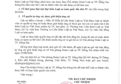 THÔNG BÁO TRIỂN KHAI  CÔNG VĂN VỀ VIỆC LUẬT SƯ TỰ ỨNG CỬ, ĐƯỢC GIỚI THIỆU ỨNG CỬ VÀO CÁC CƠ QUAN CỦA LIÊN ĐOÀN LUẬT SƯ VIỆT NAM